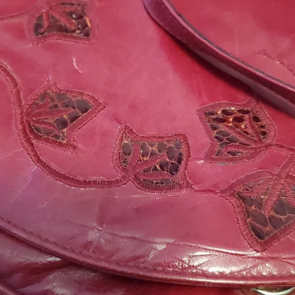 RARE Vintage Stuart Weitzman Leather Handbag Burgandy Floral Design - Picture 12 of 12